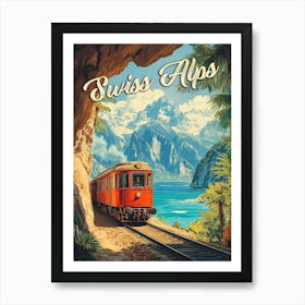 Red Steam Locomotive Souvenir: Vintage Swiss Alps Poster Art Print