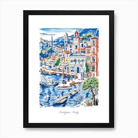 Portofino Illustration Line Art Italy Travel Blue Art Print