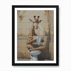 Giraffe Reading in Bathroom Art Print