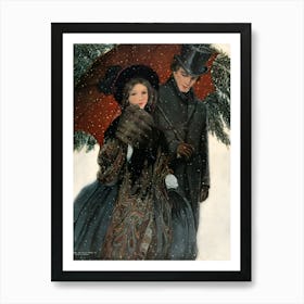 An elegantly dressed couple walk arm in arm under an umbrella. Art Print