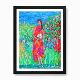 Girl in a Flower Garden Art Print