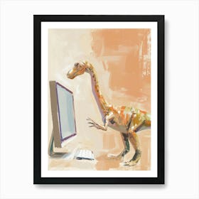 Dinosaur On A Computer Beige Brushstrokes Art Print