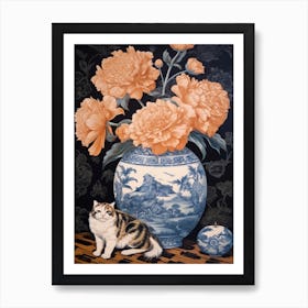 Peony With A Cat 1 William Morris Style Art Print