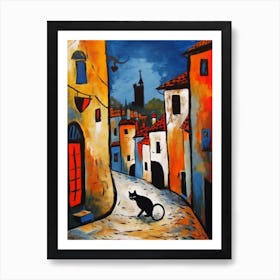 Painting Of Prague With A Cat In The Style Of Surrealism, Miro Style 1 Art Print