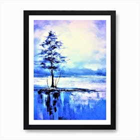 Lone Tree - White And Blue Landscape Art Print