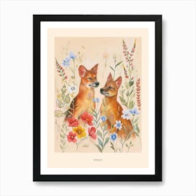 Folksy Floral Animal Drawing Dingo Poster Art Print