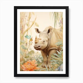 Rhino In The Leaves Vintage Illustration 2 Art Print