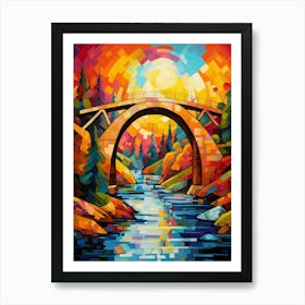 Old Stone Bridge at Sunrise, Abstract Vibrant Colorful Painting in Van Gogh Style Art Print