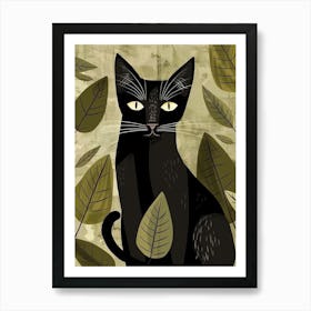 Black Cat With Leaves Art Print