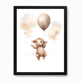 Baby Sheep Flying With Ballons, Watercolour Nursery Art 2 Art Print