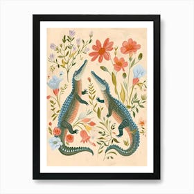 Folksy Floral Animal Drawing Alligator 2 Art Print