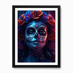 La Catrina Neon Skull Makeup Girl Art Print