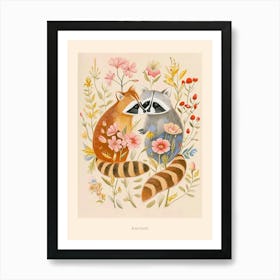 Folksy Floral Animal Drawing Racoon 3 Poster Art Print