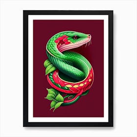 Red Tailed Green Rat Snake Tattoo Style Art Print