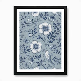 Blue And White Floral Wallpaper Art Print