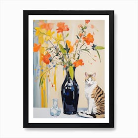 Snapdragon Flower Vase And A Cat, A Painting In The Style Of Matisse 1 Art Print