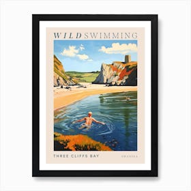 Wild Swimming At Three Cliffs Bay Swansea 2 Poster Art Print