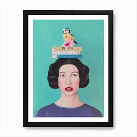 Lady With Books And Bird Art Print