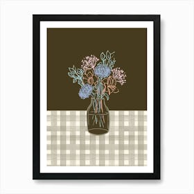 Flower bouquet gingham hand-drawn linework in taupe brown 1 Art Print