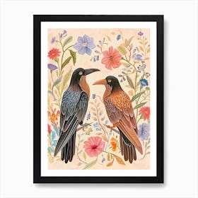 Folksy Floral Animal Drawing Raven 2 Art Print