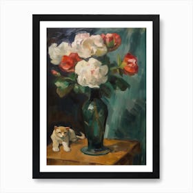 Flower Vase Lisianthus With A Cat 2 Impressionism, Cezanne Style Art Print