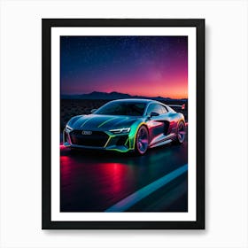 Audi R8 in neon lights, a cyberpunk sports car at night. Speed, race, and futuristic design blend in a synthwave scene. Art Print