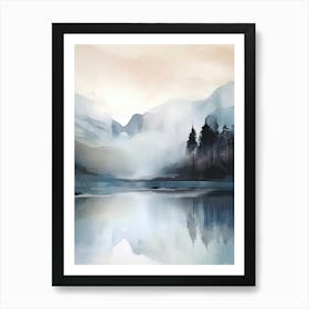 Watercolour Landscape, Blue Nordic Nature Lake 1 Art Print