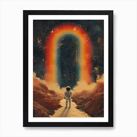 Space Odyssey: Retro Poster featuring Asteroids, Rockets, and Astronauts: Rainbow In Space Art Print