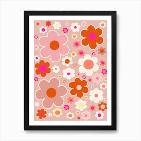 Retro Flowers Peach Art Print