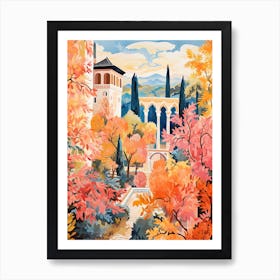 Gardens Of Alhambra, Spain In Autumn Fall Illustration 0 Art Print