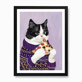 Happy Black And White Cat Pizza Lover Folk Illustration 3 Art Print