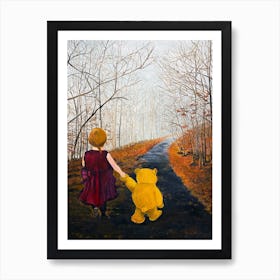 My Bff Girl Walking With Her Teddy Bear Art Print