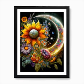 Moon And Sunflowers Art Print