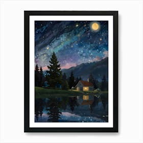 Create an image of a dreamy night landscape featuring swirling stars and a crescent moon in a deep blue sky. In the foreground, include a serene lake reflecting the celestial scene, bordered by lush greenery and cypress trees. 1 Art Print