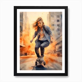 Girl Skateboarding In Los Angeles, United States Watercolour 4 Art Print