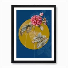 Vintage Botanical Pink Francfort Rose on Circle Yellow on Blue Art Print