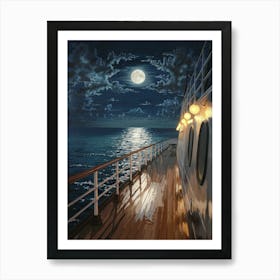 Anime Canvas Art: Moonlit Ship Deck with Calm Ocean Reflections, Perfect for Lofi Aesthetic and Serene Night Scene Lovers. Art Print