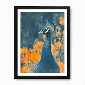 Floral Orange & Blue Peacock 2 Art Print