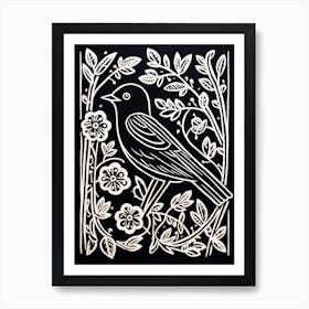 B&W Bird Linocut Bluebird 3 Art Print