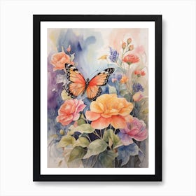 Butterfly And Roses 4 Art Print