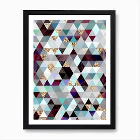 Abstract Geometric Triangle Pattern in Teal Blue and Glitter Gold n.0003 Art Print