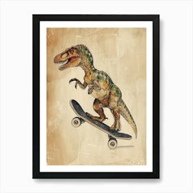 Vintage Oviraptor Dinosaur On A Skateboard 2 Art Print