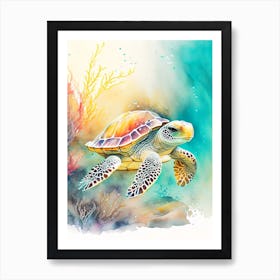 A Single Sea Turtle In Coral Reef, Sea Turtle Storybook Watercolours 2 Art Print