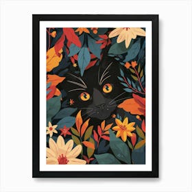 Black Cat In Autumn Leaves Art Print