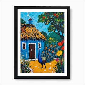 Peacock By A Thatched Cottage Textured Painting 1 Art Print