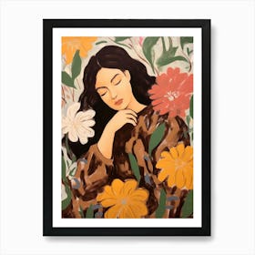 Woman With Autumnal Flowers Peony 1 Art Print