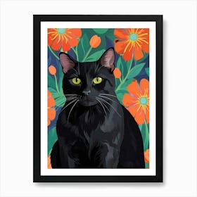 Black Cat With Flowers Art Print