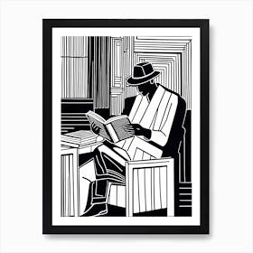 Lion cut inspired Black and white Stylized portrait of a Person reading a book, reading art, book worm, Reader 184 Art Print