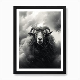 Black & White Illustration Of Highland Ram Art Print