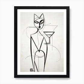 Cat And Cocktail Line Art Art Print